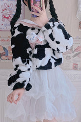 White/Black Round Collar Plush Cow Series Sweet Lolita Coat